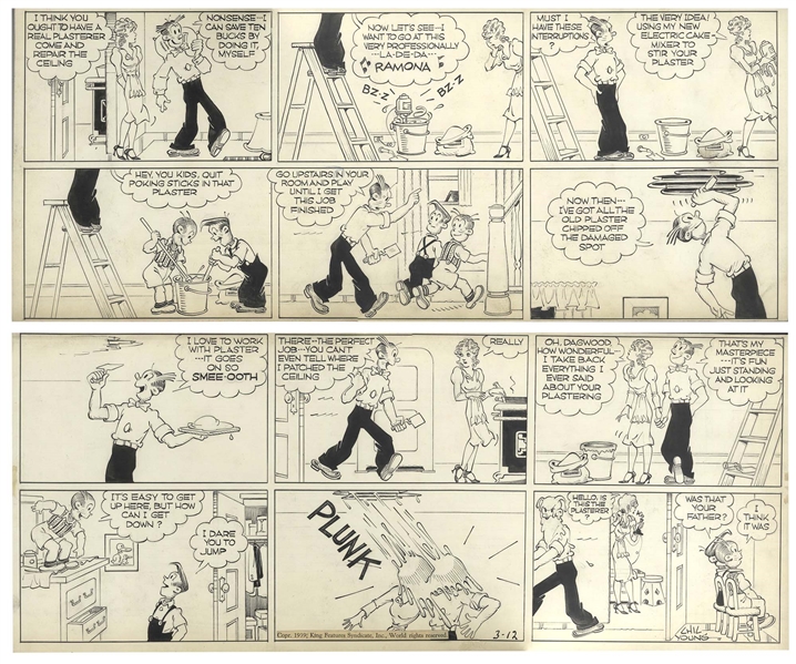 Chic Young Hand-Drawn ''Blondie'' Sunday Comic Strip From 1939 -- Dagwood's Home Improvement Projects Goes Awry